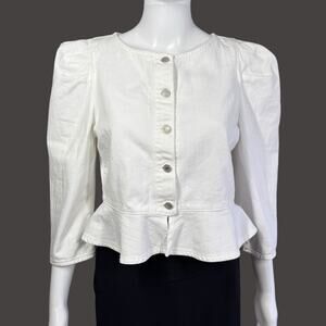 Le Jean by Charlie Gay White Puff Sleeve Peplum Jacket Small